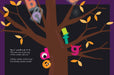 Illustration of a tree with Halloween-themed characters on branches against a dark background.