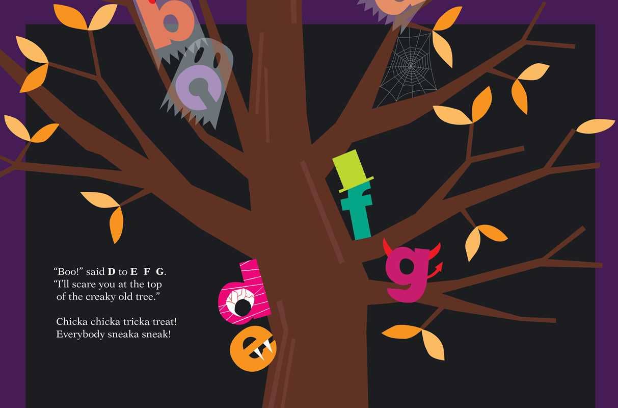 Illustration of a tree with Halloween-themed characters on branches against a dark background.