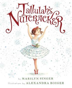 Book cover for 'Tallulah's Nutcracker' by Marilyn Singer, featuring an illustrated ballerina in a white tutu with red shoes and red hair, under large red title text on a white background with faint snowflake-like marks.