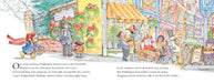 Illustrated book page of a festive market scene with people and Christmas decorations.