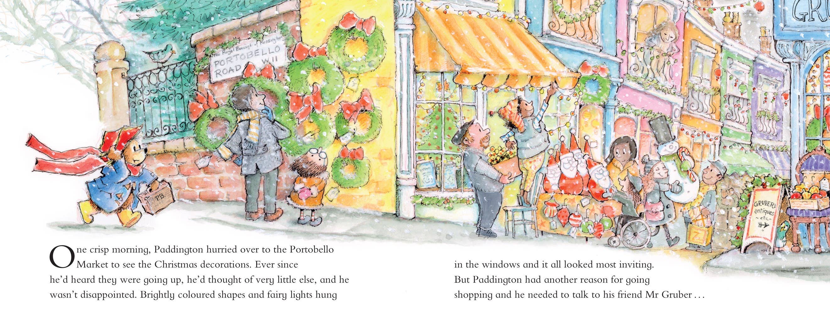 Illustrated book page of a festive market scene with people and Christmas decorations.