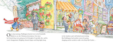 Illustrated book page of a festive market scene with people and Christmas decorations.