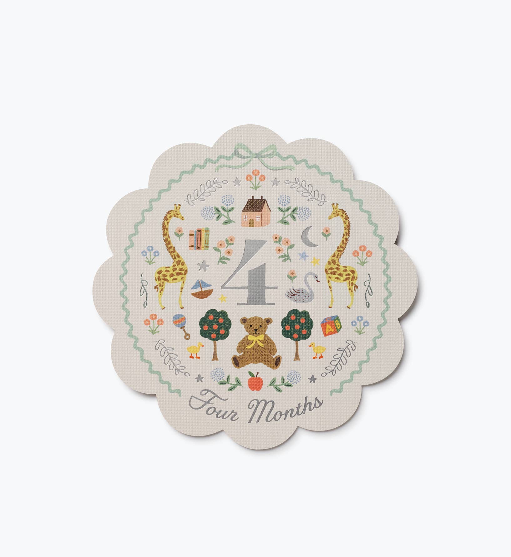Illustrated Rifle Paper Co. baby milestone card marked Four Months with a large number four and whimsical animals flowers trees and decorative details