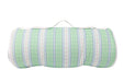 A nap mat with a mint green and light blue striped pattern, featuring vertical bands of white, pink, and blue football designs. The pillow is shown on a plain white background with a white carrying strap visible at the top.