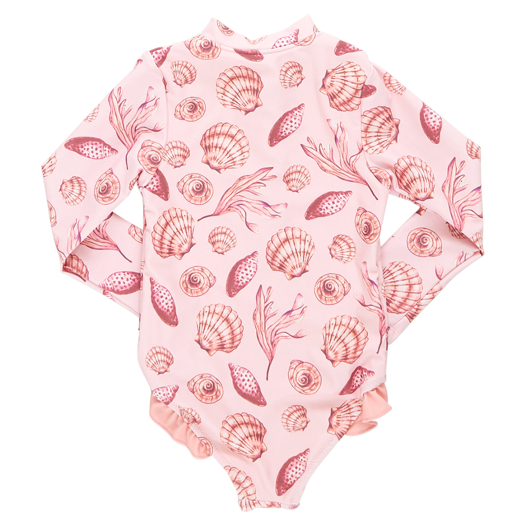 back of light pink long sleeve rashguard swimsuit with pink seashell print