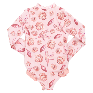 back of light pink long sleeve rashguard swimsuit with pink seashell print