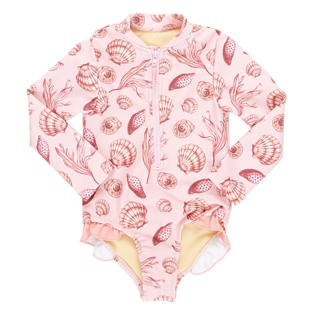 light pink long sleeve rashguard swimsuit with pink seashell print and half zip in the center