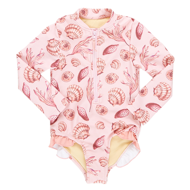 light pink long sleeve rashguard swimsuit with pink seashell print and half zip in the center