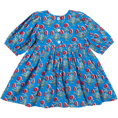 back of blue 3/4 length sleeve dress with red poppy flower print and 3 button closure