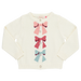 cream colored cardigan with sparkle buttons and pink, red and blue knit bows down the middle