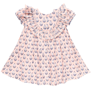 back of light pink ruffle dress with blue and white floral dahlia block print