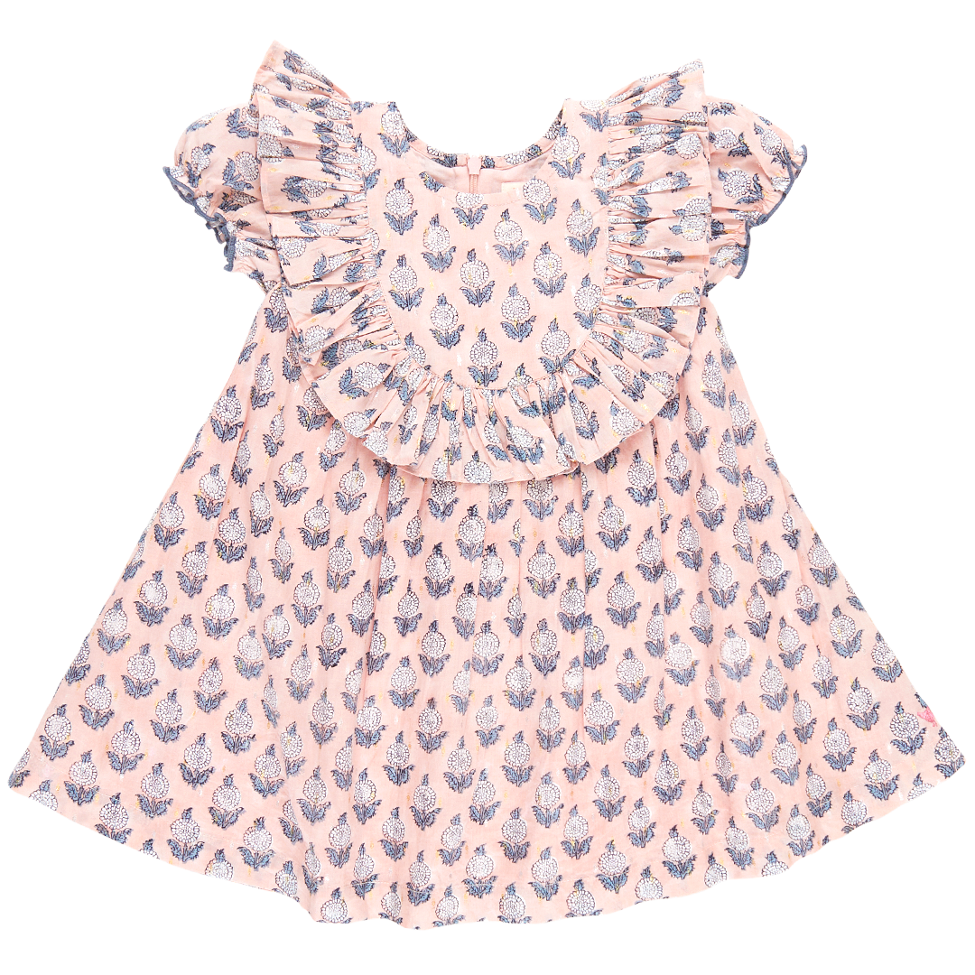 light pink ruffle dress with blue and white floral dahlia block print
