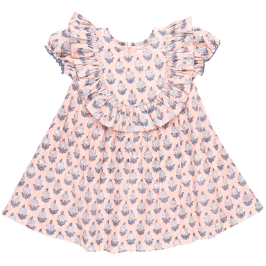 light pink ruffle dress with blue and white floral dahlia block print