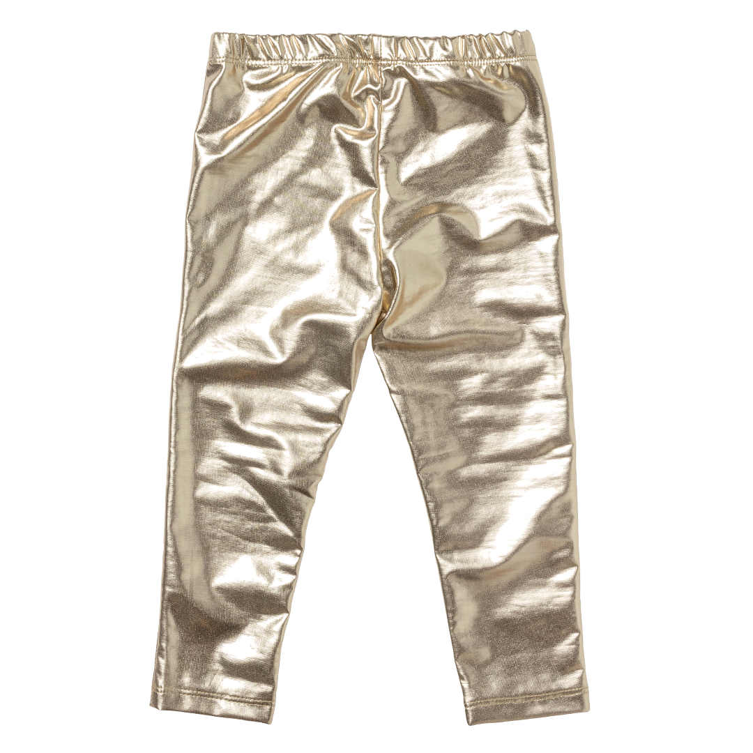 back of gold metallic leggings