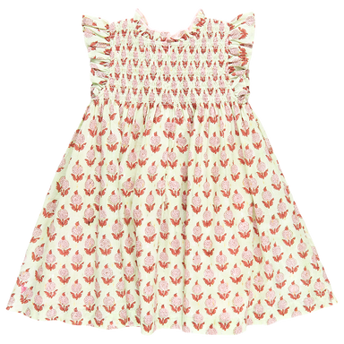 back of light green sleeveless smocked ruffle dress with pink and red block print