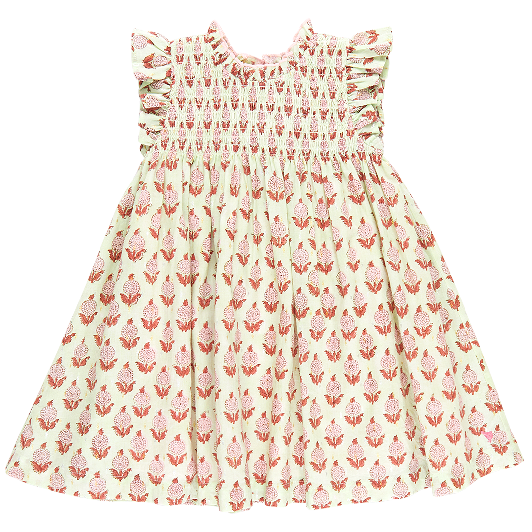 light green sleeveless smocked ruffle dress with pink and red block print