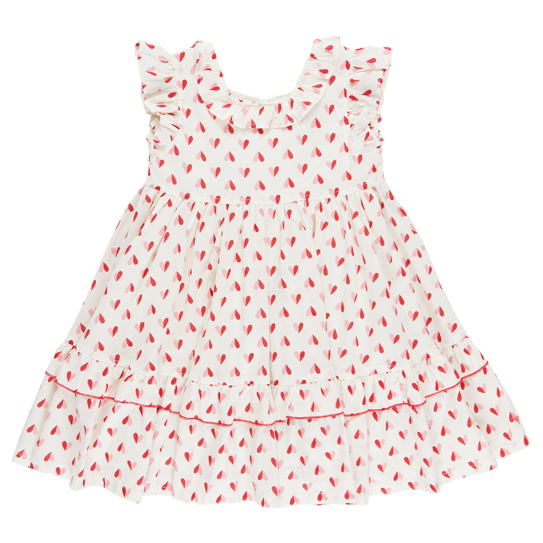ivory ruffle sleeveless dress with pink and red paper hearts print
