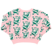 back of pink crewneck sweatshirt with green and cream santa print