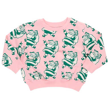 pink crewneck sweatshirt with green and cream santa print