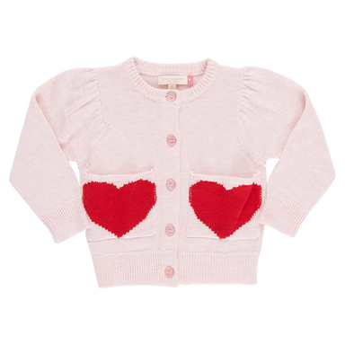 light pink button down sweater with red hearts on the pockets