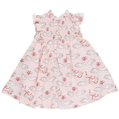 back of light pink ruffle smocked sleeveless dress with swan and heart print all over