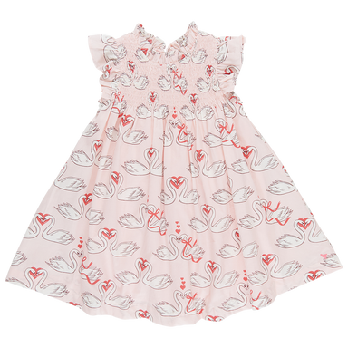 light pink ruffle smocked sleeveless dress with swan and heart print all over