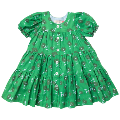green button down dress with puff sleeve and flower print
