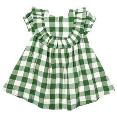 back of green and white gingham dress with puff sleeve and ruffle detail and zipper closure