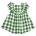 back of green and white gingham dress with puff sleeve and ruffle detail and zipper closure