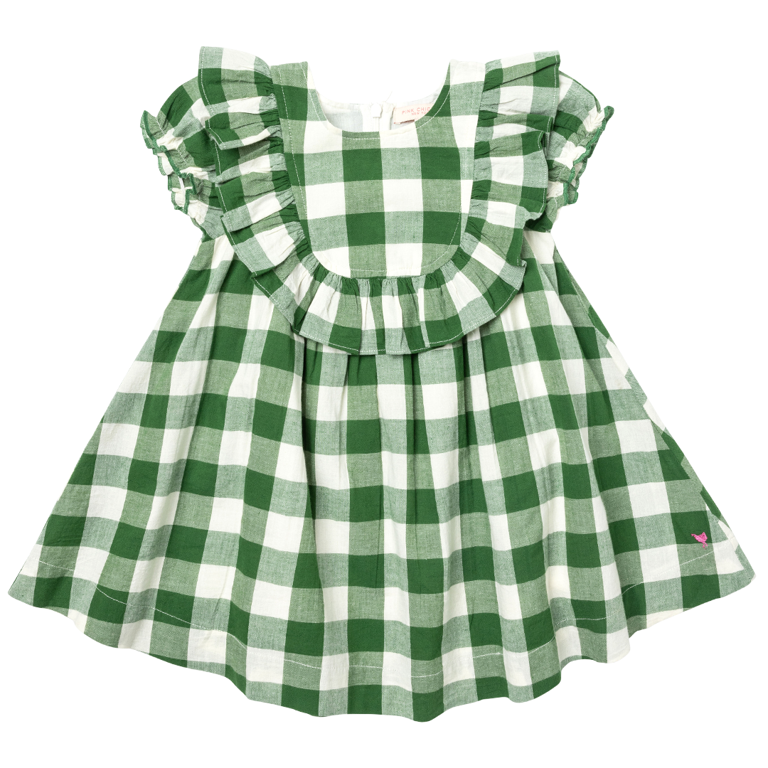 green and white gingham dress with puff sleeve and ruffle detail
