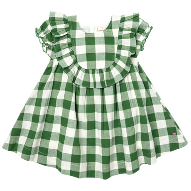 green and white gingham dress with puff sleeve and ruffle detail