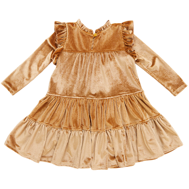 back of gold velour long sleeve tiered dress with ruffle detail