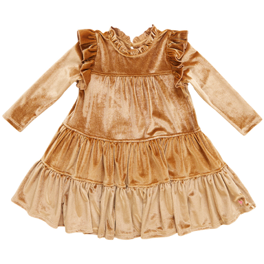gold velour long sleeve tiered dress with ruffle detail