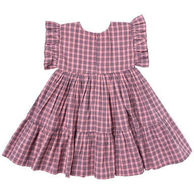 back of pink and navy plaid dress with ruffle sleeve