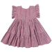 back of pink and navy plaid dress with ruffle sleeve