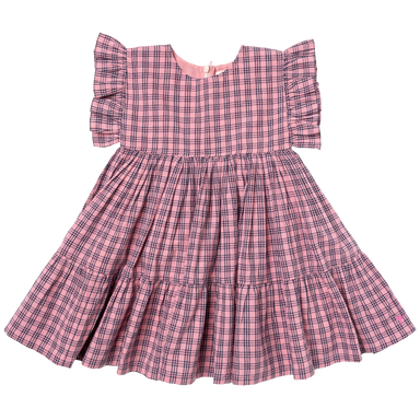 pink and navy plaid dress with ruffle sleeve