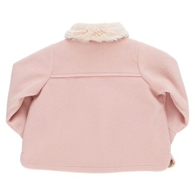 back of light pink pea coat with cream colored fur on the collar