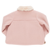 back of light pink pea coat with cream colored fur on the collar