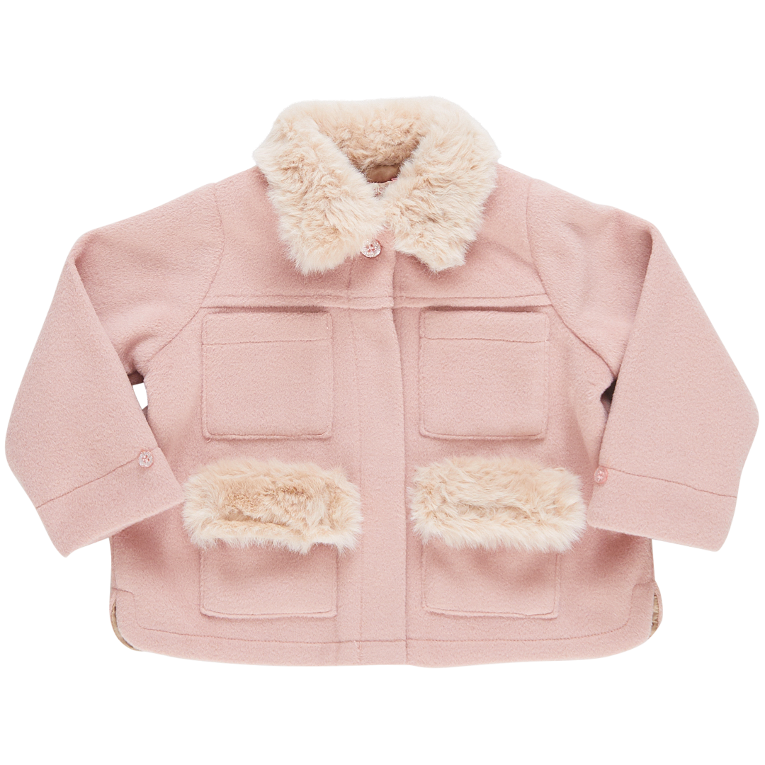 light pink pea coat with cream colored fur on pockets and collar
