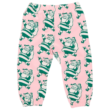 back of pink sweatpants with pink and cream santa print and drawstring waist