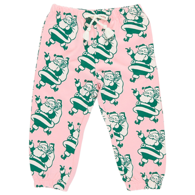 pink sweatpants with pink and cream santa print and drawstring waist