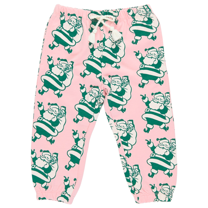 pink sweatpants with pink and cream santa print and drawstring waist