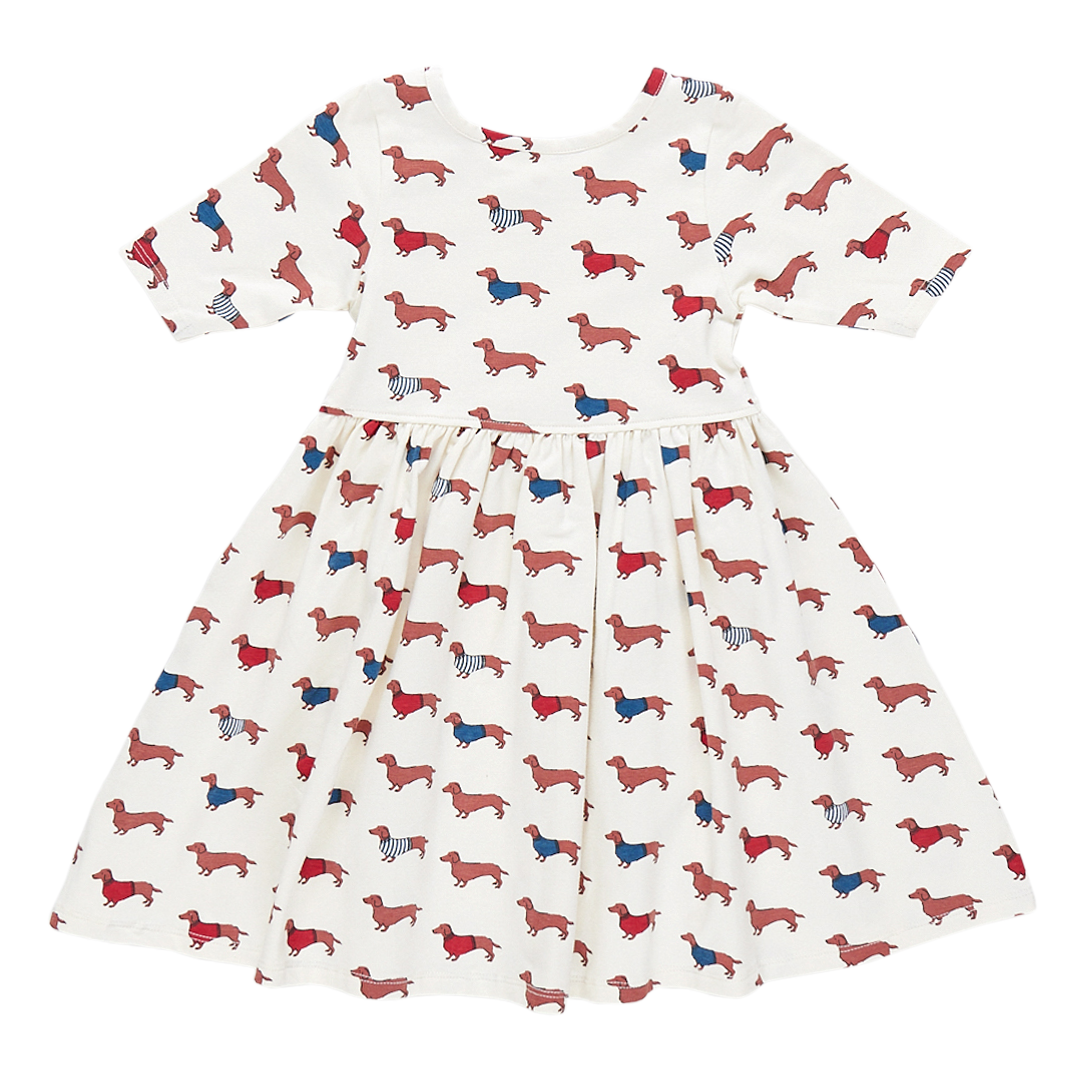 back of white short sleeve dress with dachsunds wearing sweaters print