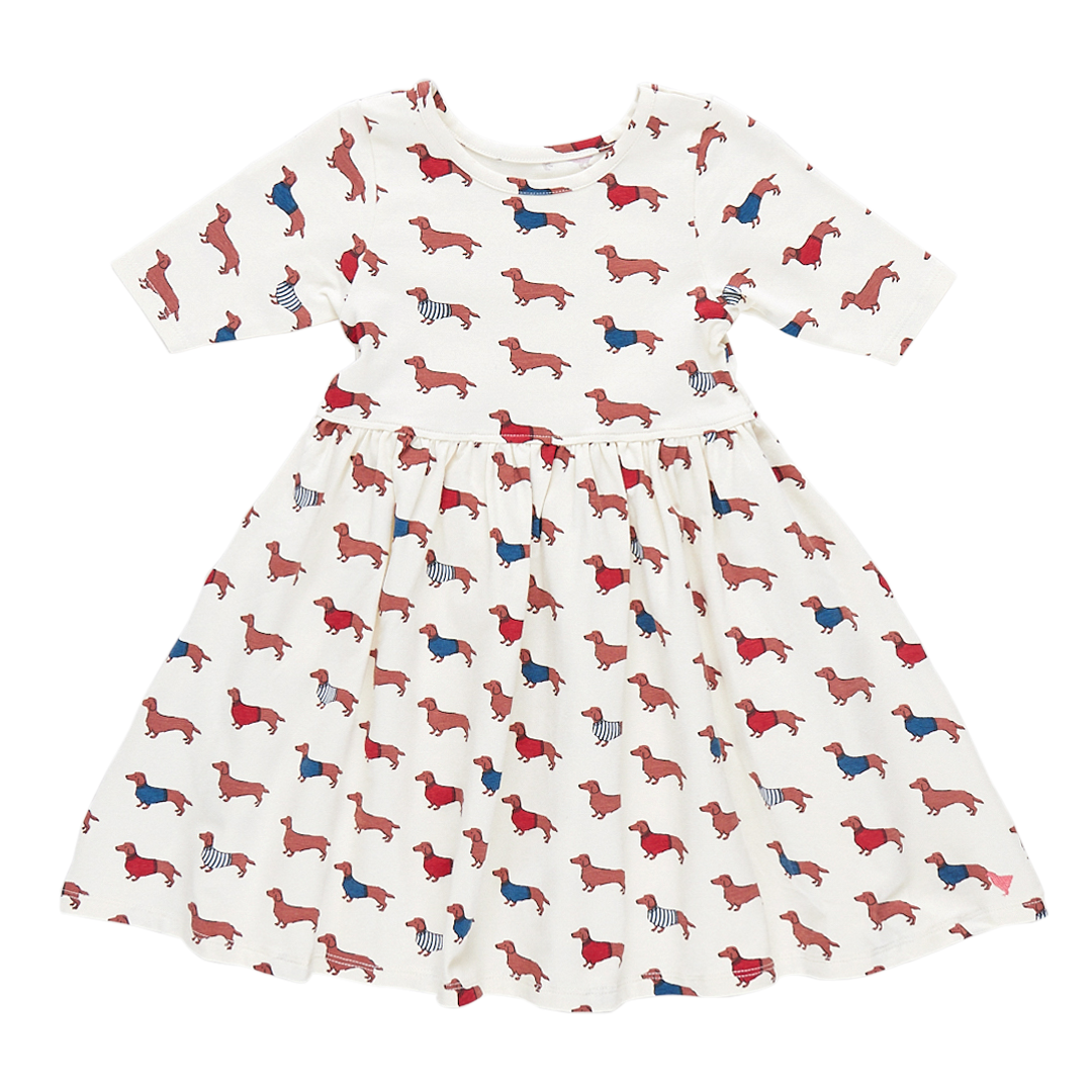 white short sleeve dress with dachsunds wearing sweaters print