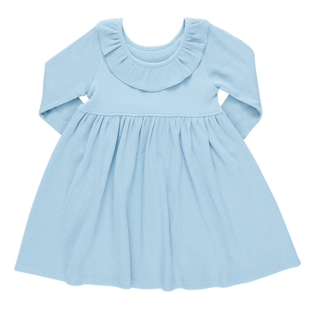back of light blue long sleeve ribbed dress with ruffle detail at collar