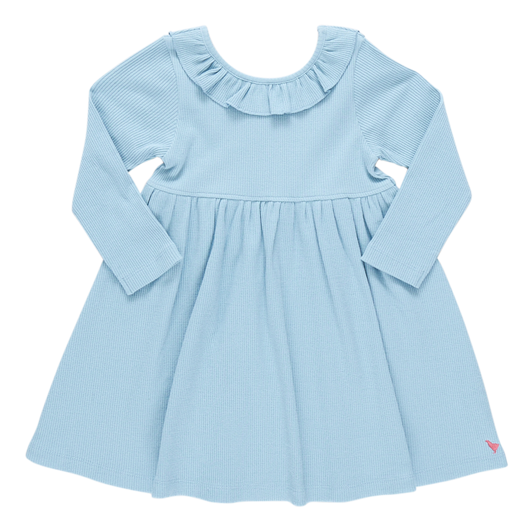 light blue long sleeve ribbed dress with ruffle detail at collar