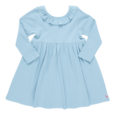 light blue long sleeve ribbed dress with ruffle detail at collar