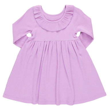 back of lavender long sleeve ribbed dress with ruffle detail at the collar