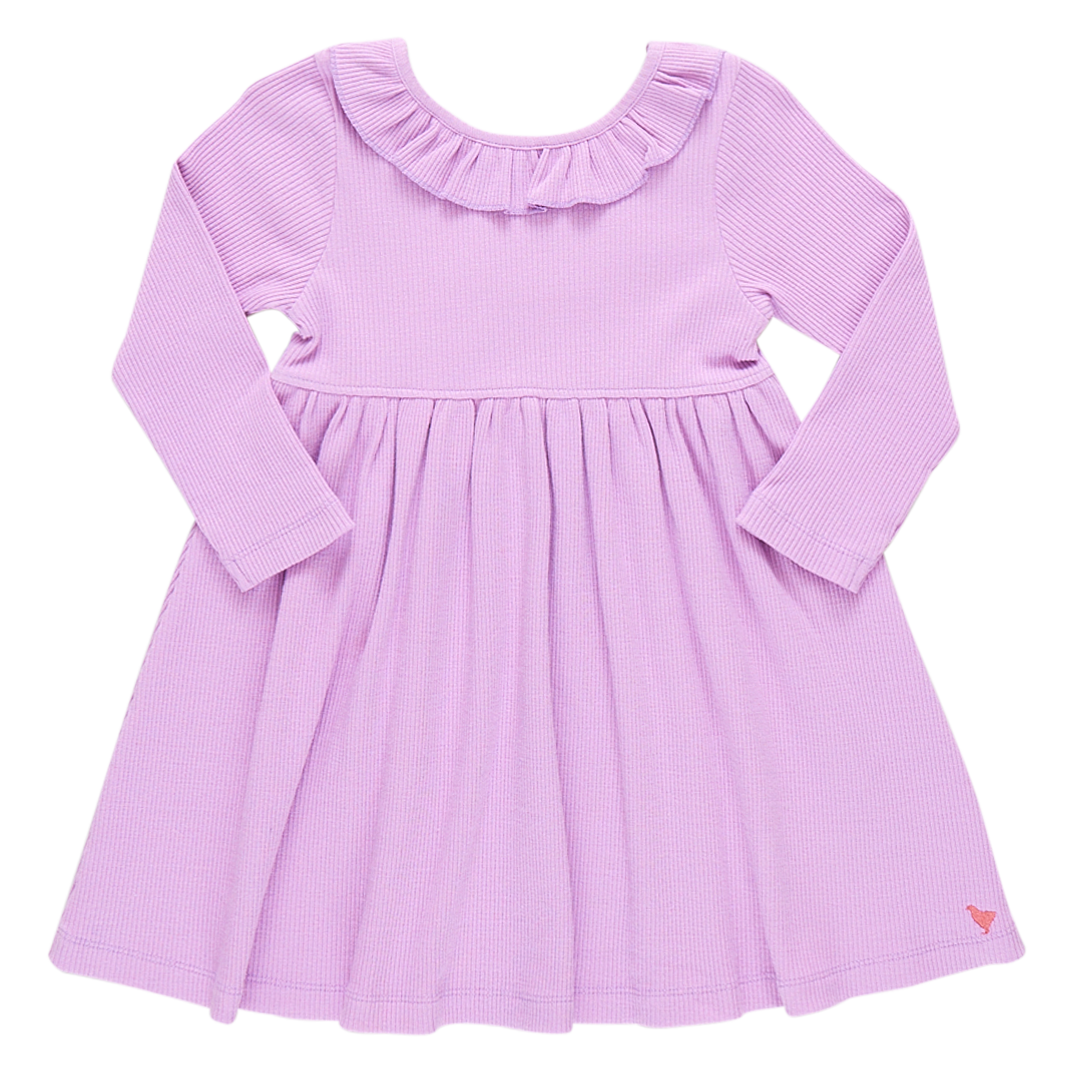 lavender long sleeve ribbed dress with ruffle detail at the collar