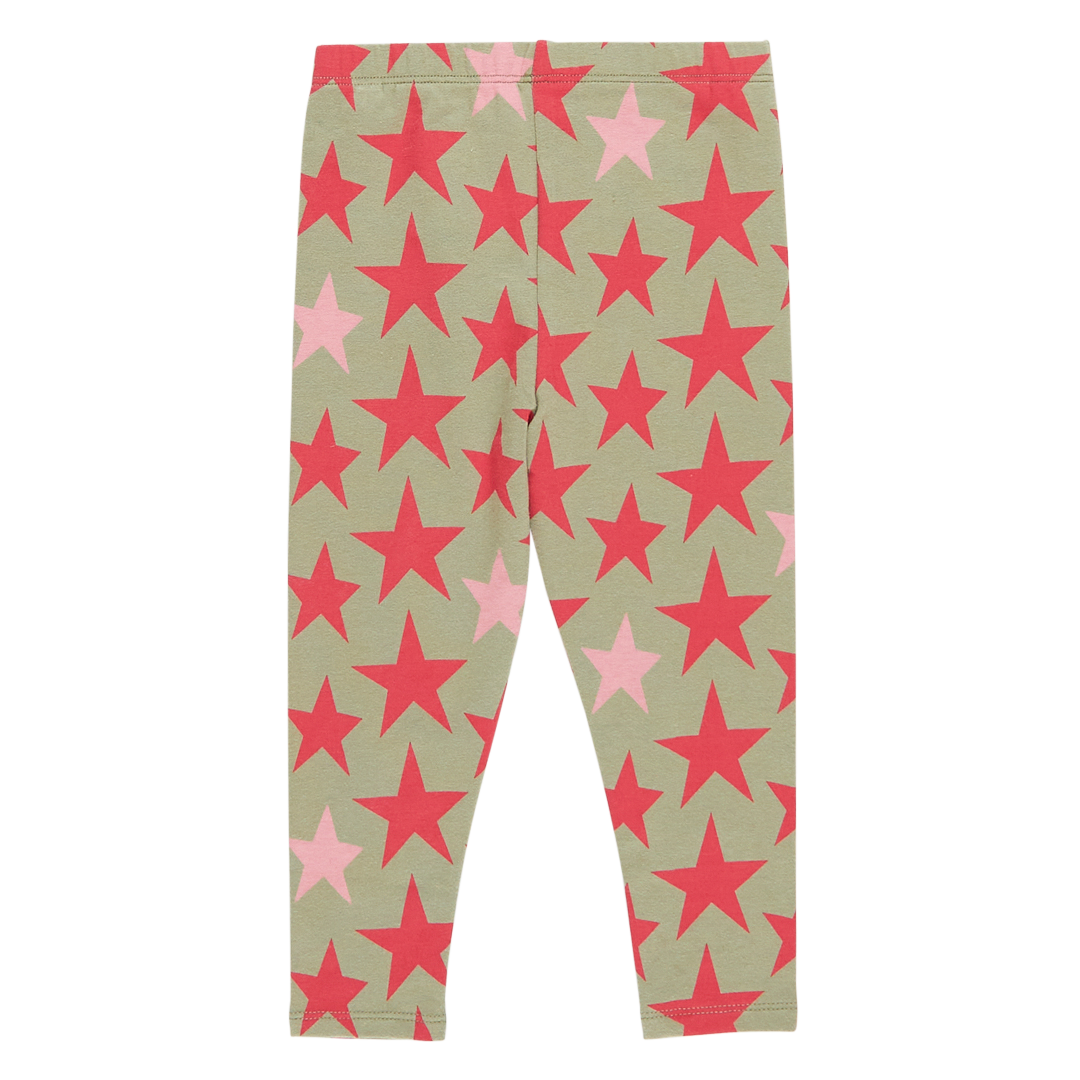 back view of olive green leggings with red and pink star all over print